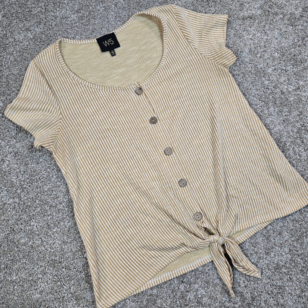 W5 Striped Textured Front Tie Yellow Top Womans M short Sleeve Shirt Buttons